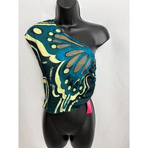 Butterfly Asymmetrical One Shoulder Crop Top NWT Blue Green Girly Fairy Size S